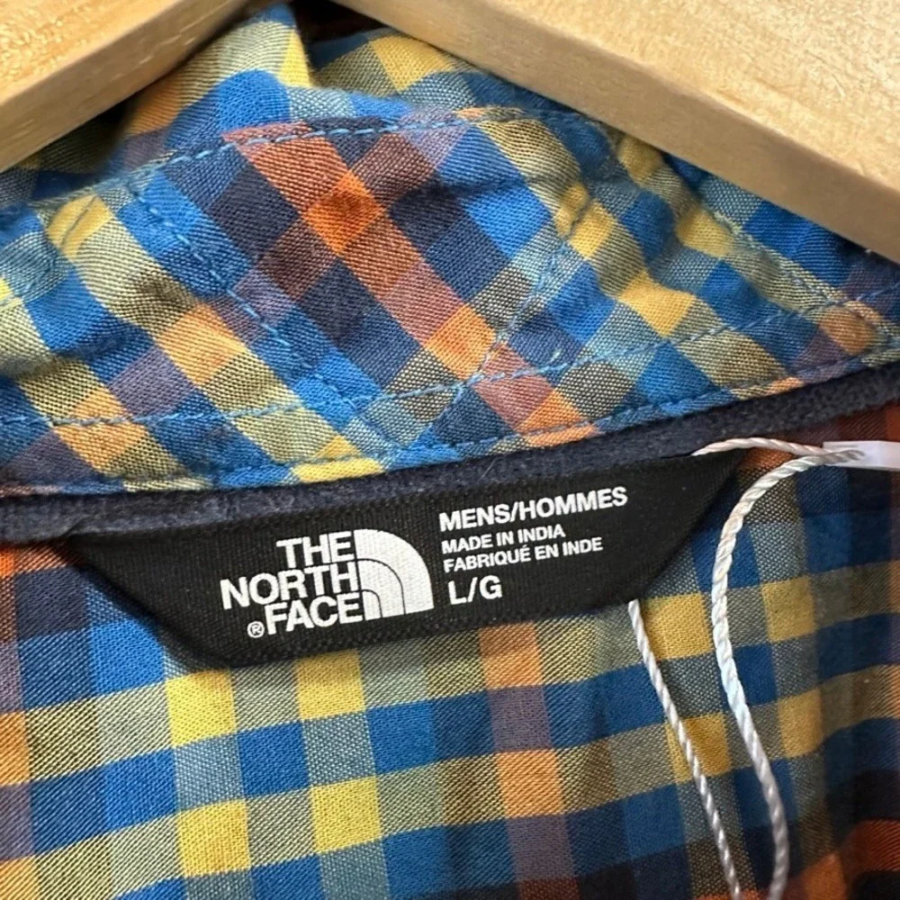 The North Face Mens Large Short Sleeve Button Up Blue Western Plaid Shirt